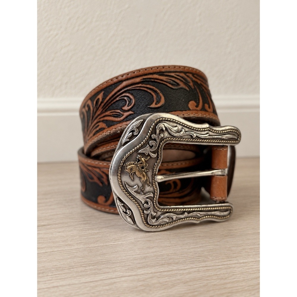 Tony Lama C41514 Men's Tooled Leather Western Belt 44 Horse Buckle USA